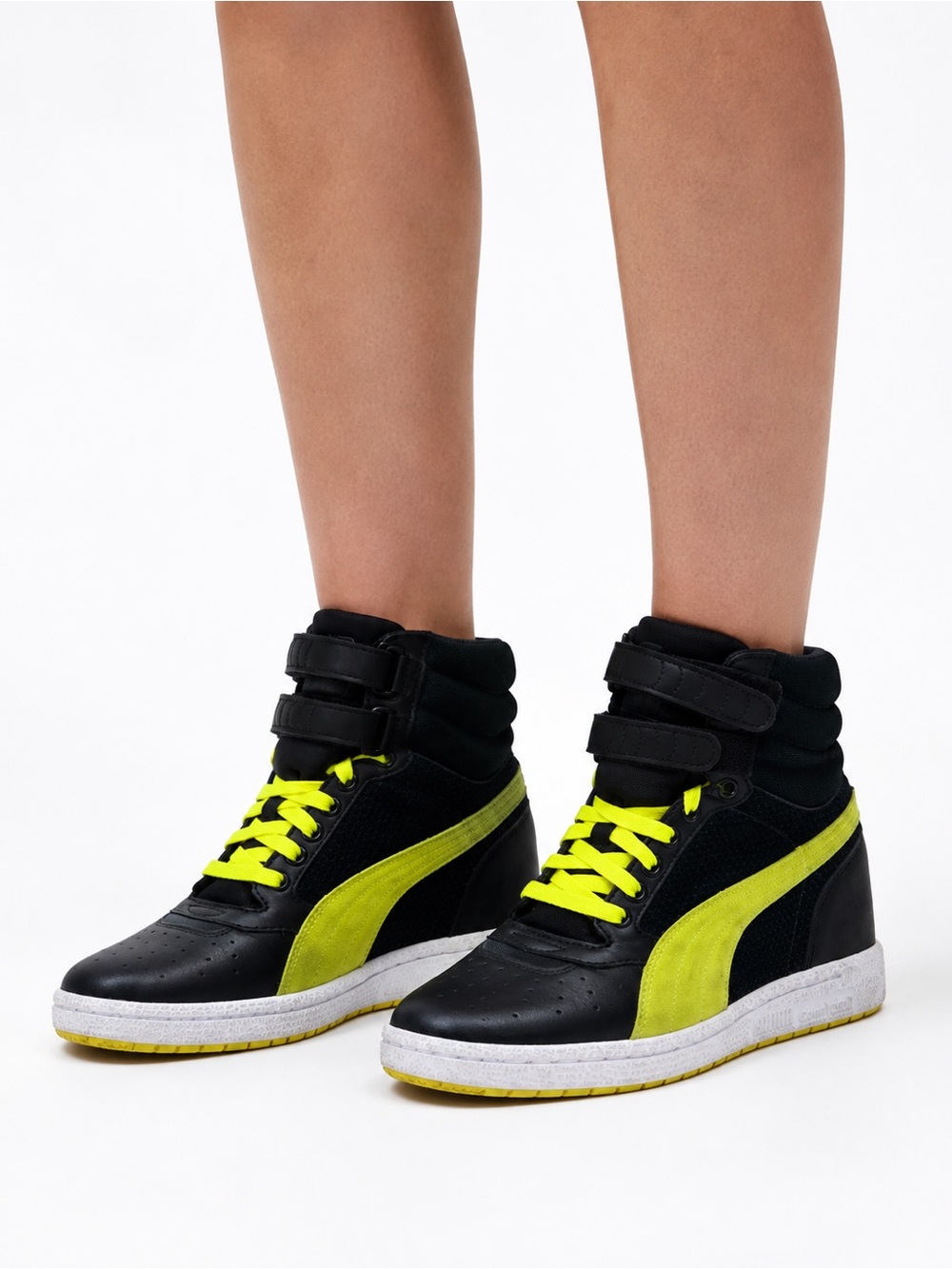 Puma Black Neon Yellow High Top Strap Sneakers Size 6.5